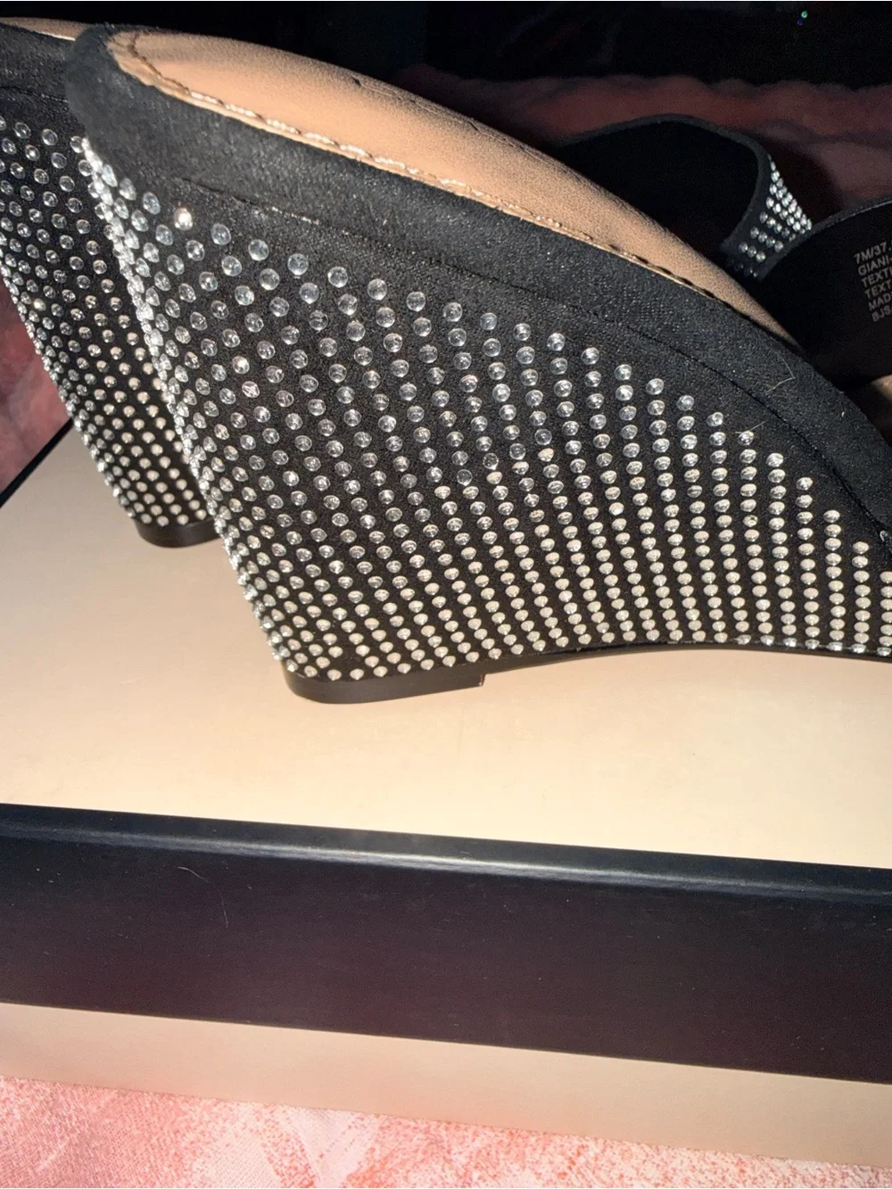 BCBGeneration Black Crystal-Studded Wedge Sandals